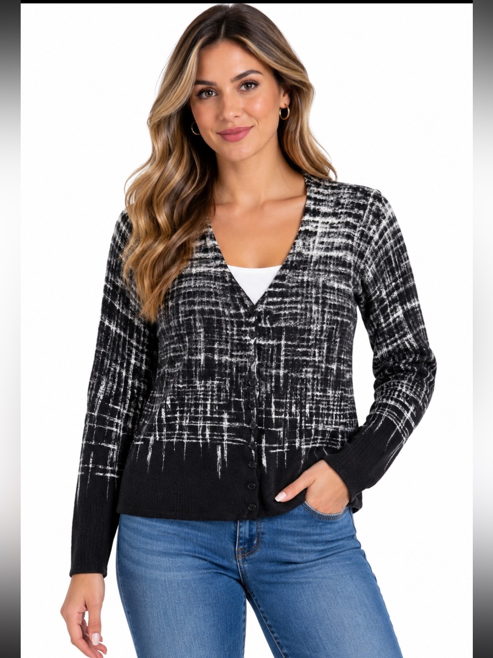 VILA Milano Women XL Black White Abstract Plaid Button Front Cardigan Sweater